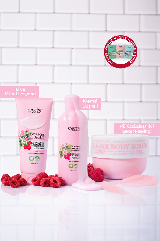 Raspberry&Passion Fruit 3'lü Bakım Seti - & Duş Jeli & Vücut Losyonu & Şeker Peelingi