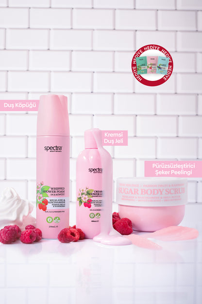 Raspberry&Passion Fruit 3'lü Bakım Seti - Duş Köpüğü & Duş Jeli & Şeker Peelingi