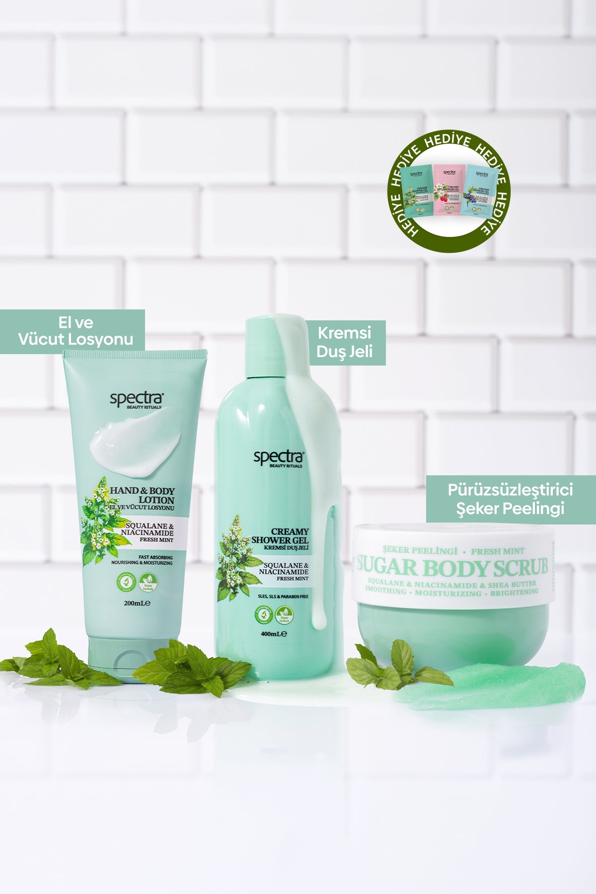 Fresh Mint 3'lü Vegan Bakım Seti - Duş Jeli & Vücut Losyonu & Şeker Peelingi