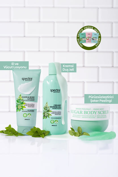 Fresh Mint 3'lü Vegan Bakım Seti - Duş Jeli & Vücut Losyonu & Şeker Peelingi