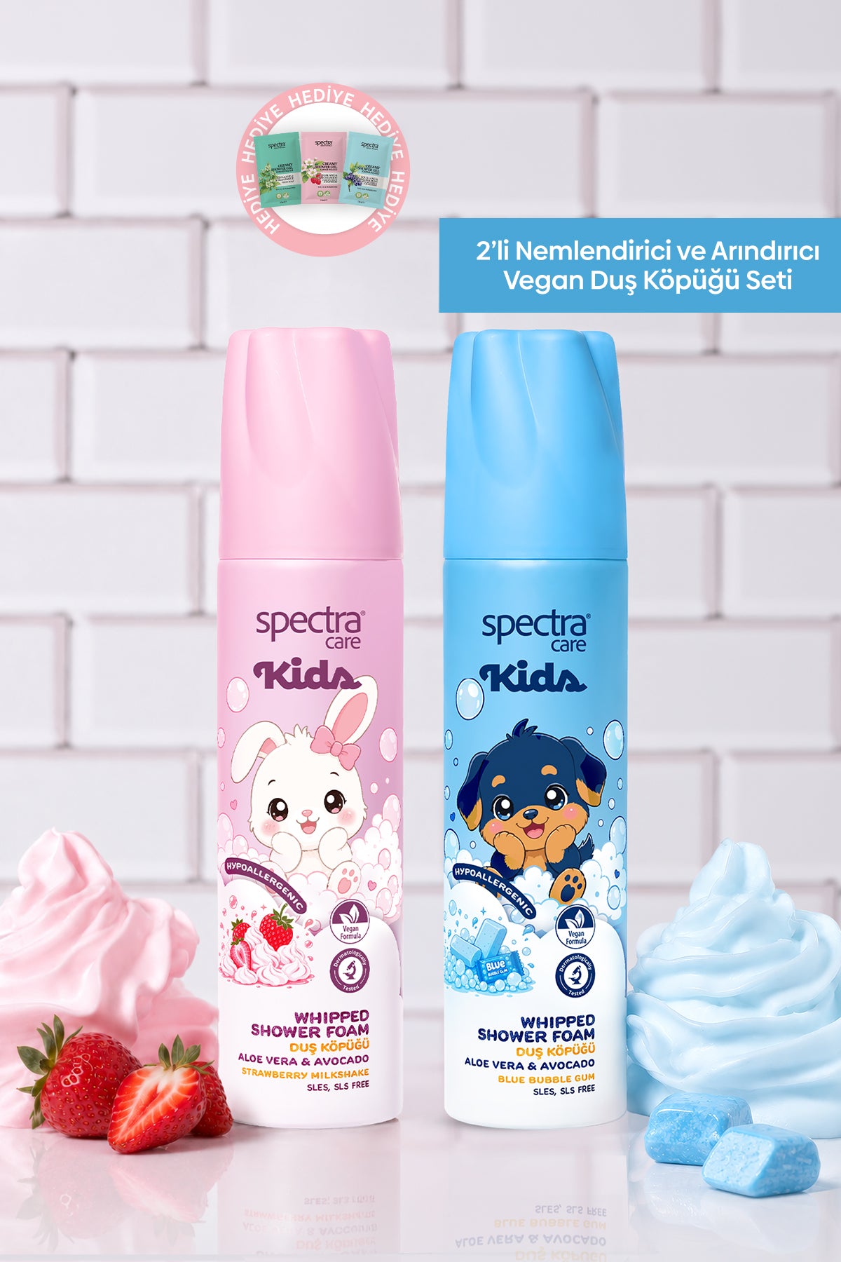 2'li Kids Nemlendirici ve Arındırıcı Vegan Whipped Duş Köpüğü Seti - Blue Bubble Gum, Strawberry Milkshake 250 ml x 2
