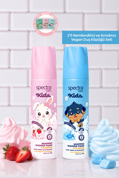 2'li Kids Nemlendirici ve Arındırıcı Vegan Whipped Duş Köpüğü Seti - Blue Bubble Gum, Strawberry Milkshake 250 ml x 2