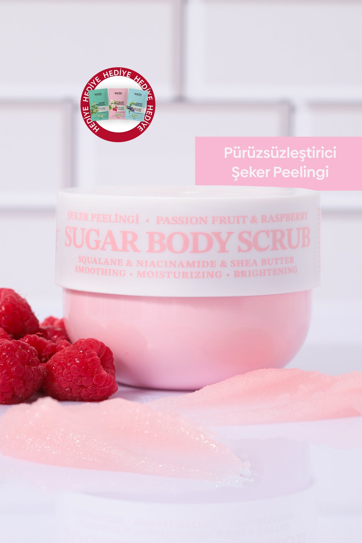 Pürüzsüzleştirici ve Nemlendirici Vegan Şeker Peelingi (Scrub) -Raspberry&Passion Fruit- 330 gr