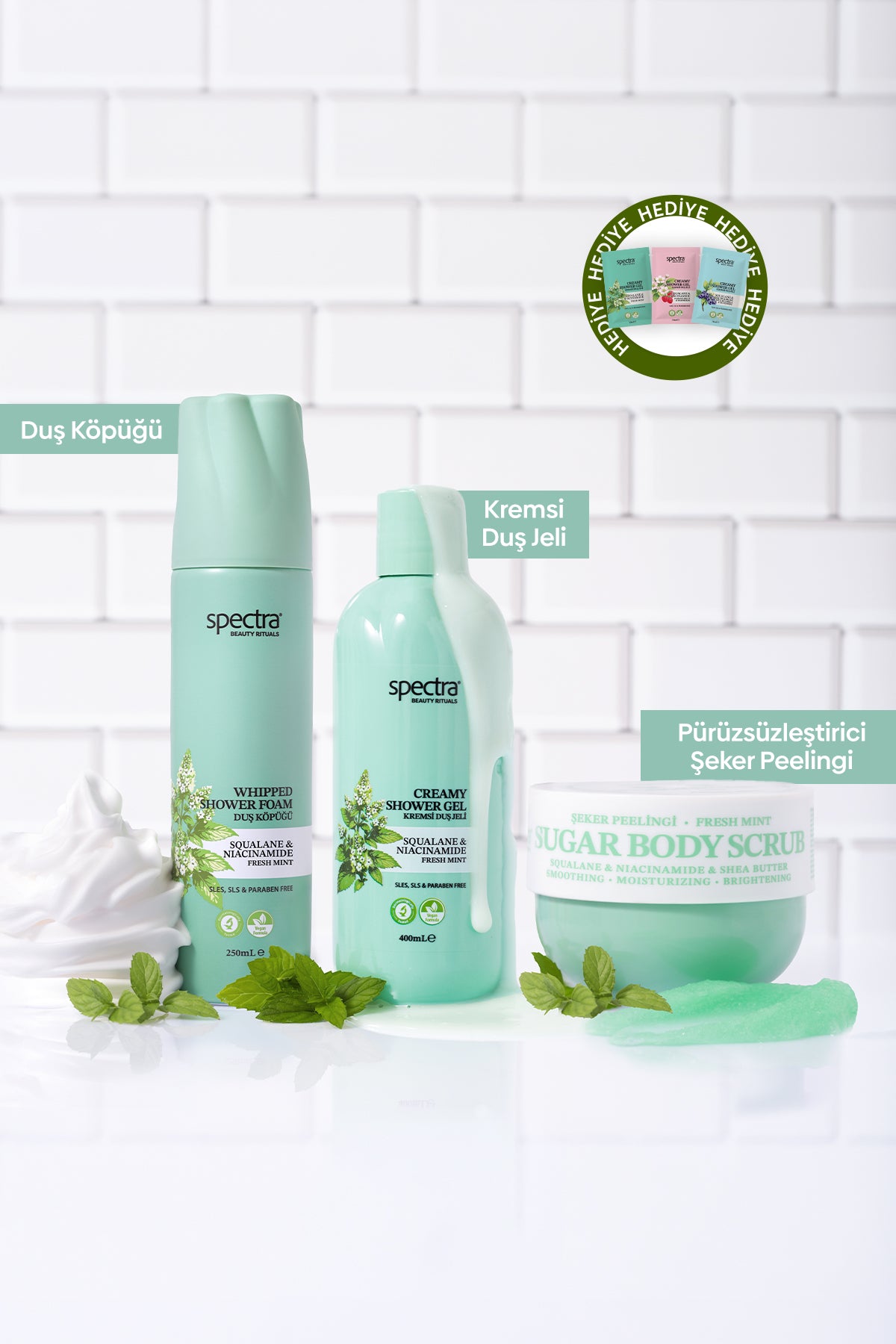 Fresh Mint 3'lü Vegan Bakım Seti - Duş Köpüğü & Duş Jeli & Şeker Peelingi