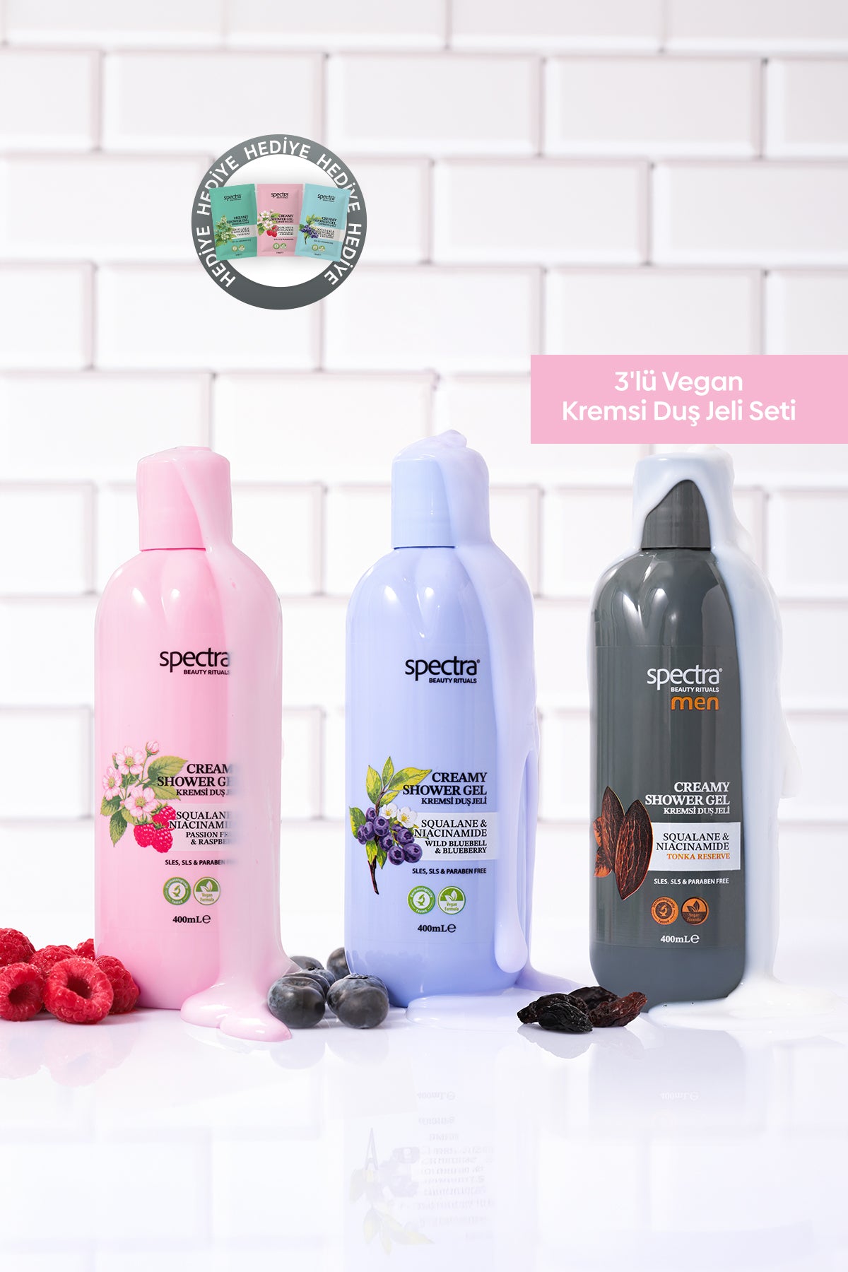 3'lü Vegan Duş Jeli Seti -Blueberry & Raspberry & MEN- 3 x 400ml
