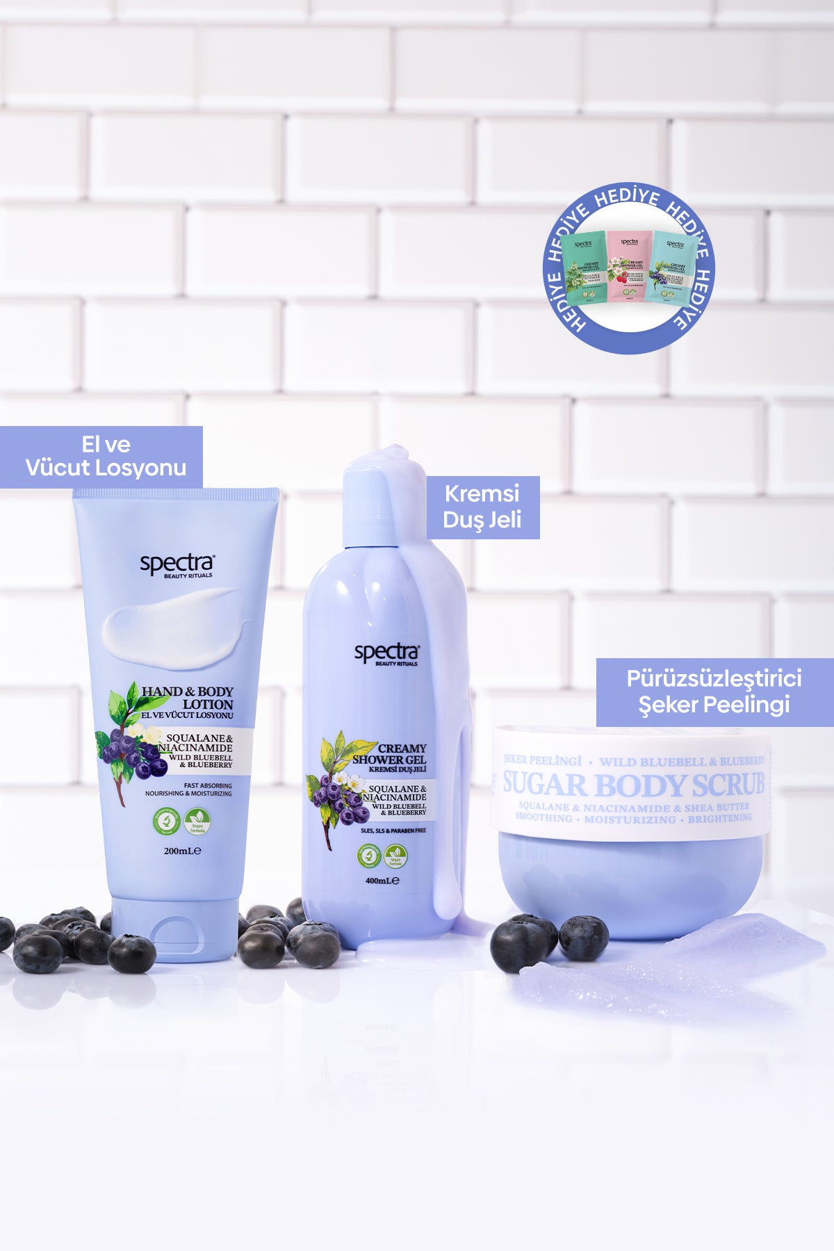 Blueberry&Wild Bluebell 3'lü Bakım Seti - Kremsi Duş Jeli & Şeker Peelingi & Vücut Losyonu