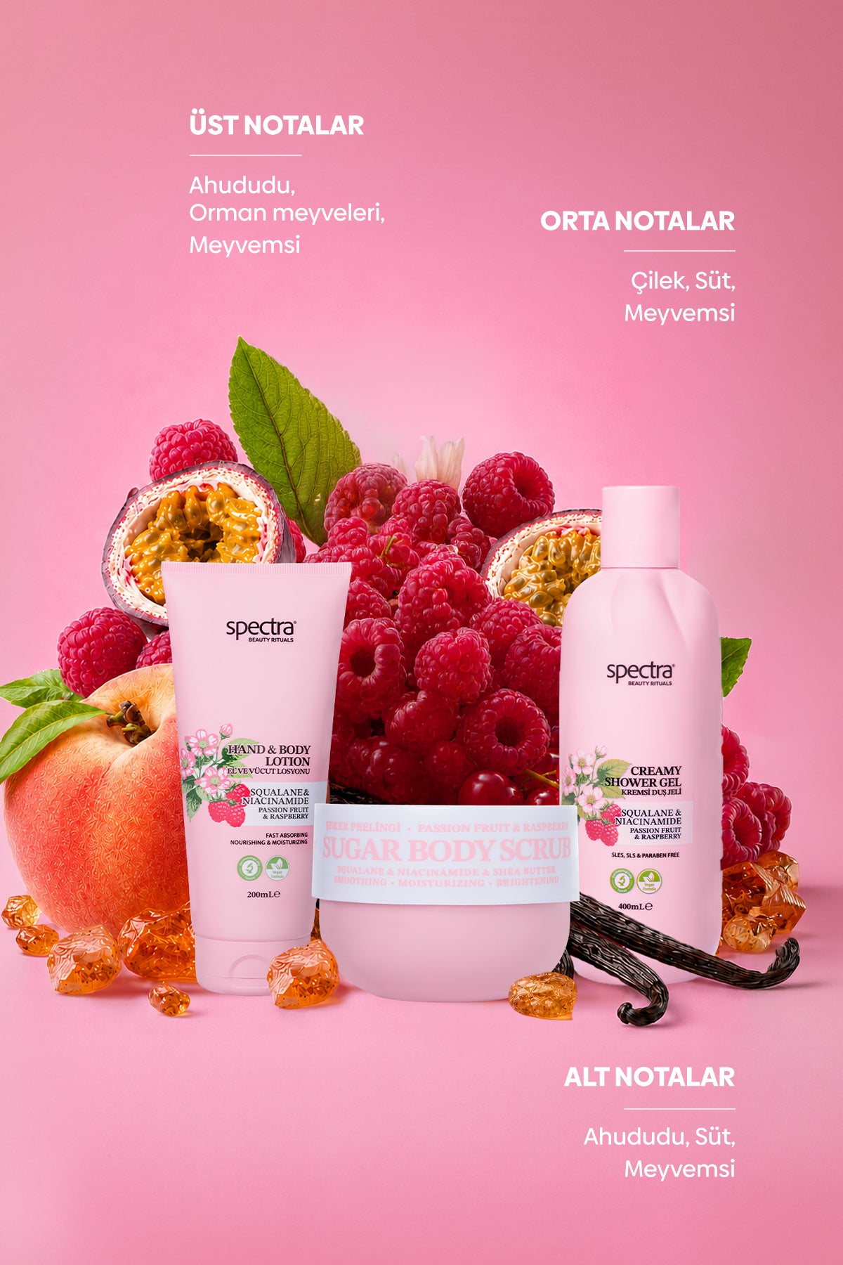 Raspberry&Passion Fruit 3'lü Bakım Seti - & Duş Jeli & Vücut Losyonu & Şeker Peelingi