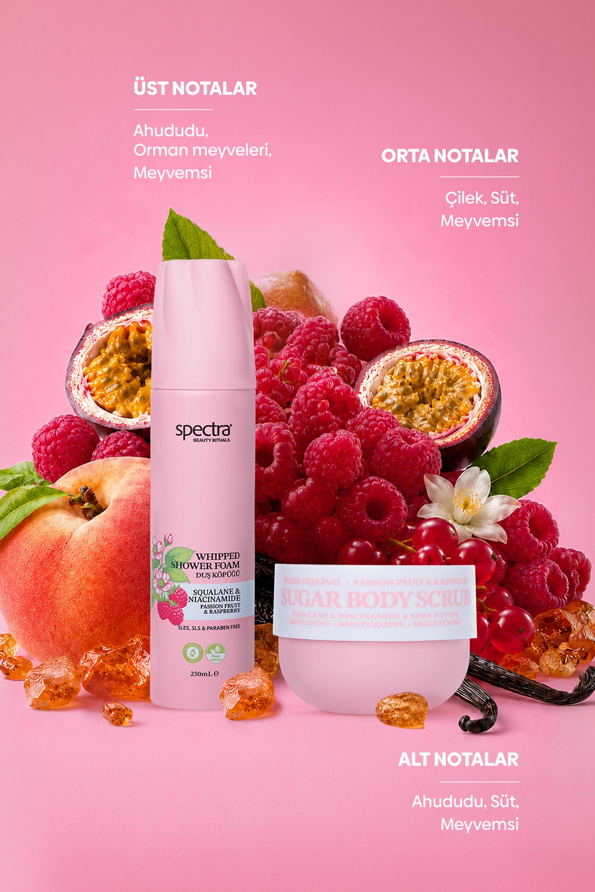 Raspberry&Passion Fruit 2'li Vegan Bakım Seti - Kremsi Duş Köpüğü & Şeker Peelingi