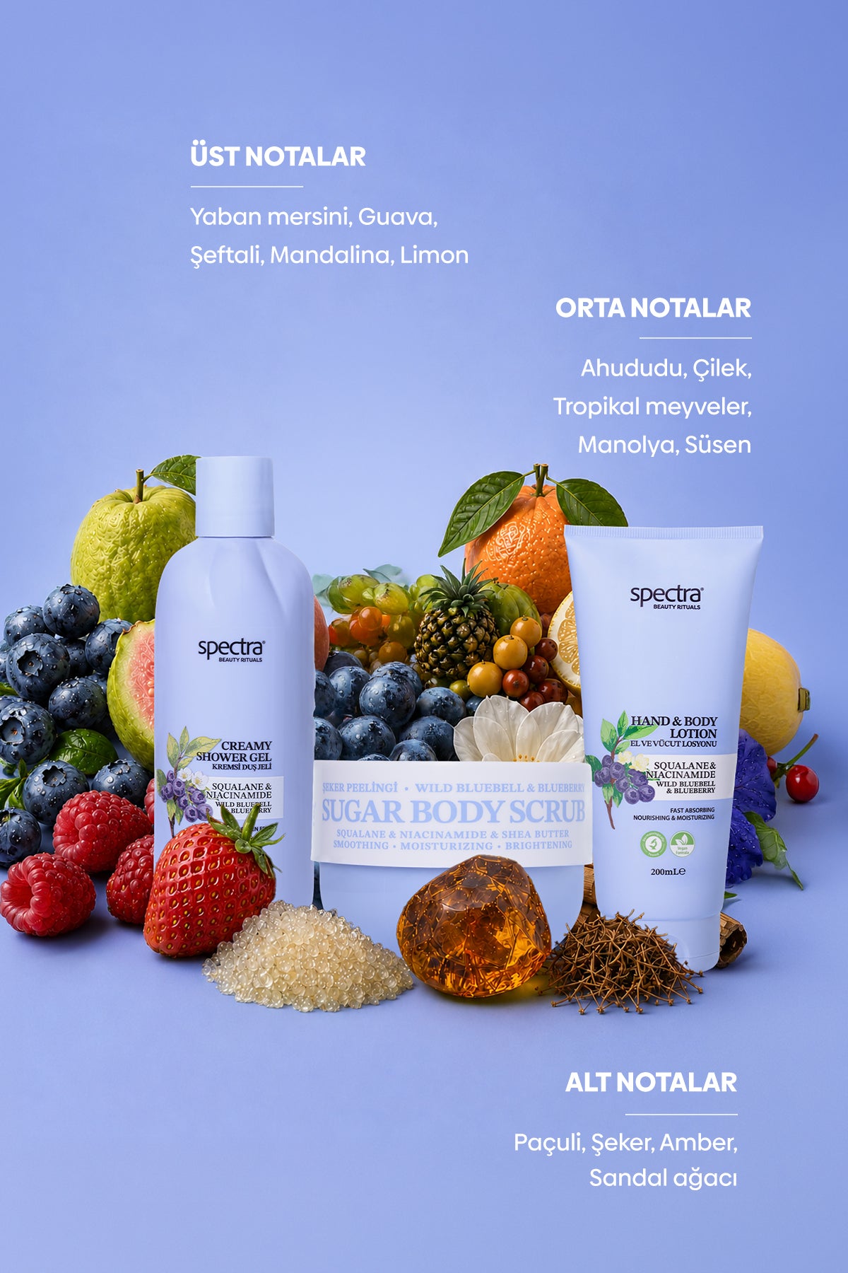 Blueberry&Wild Bluebell 3'lü Bakım Seti - Kremsi Duş Jeli & Şeker Peelingi & Vücut Losyonu