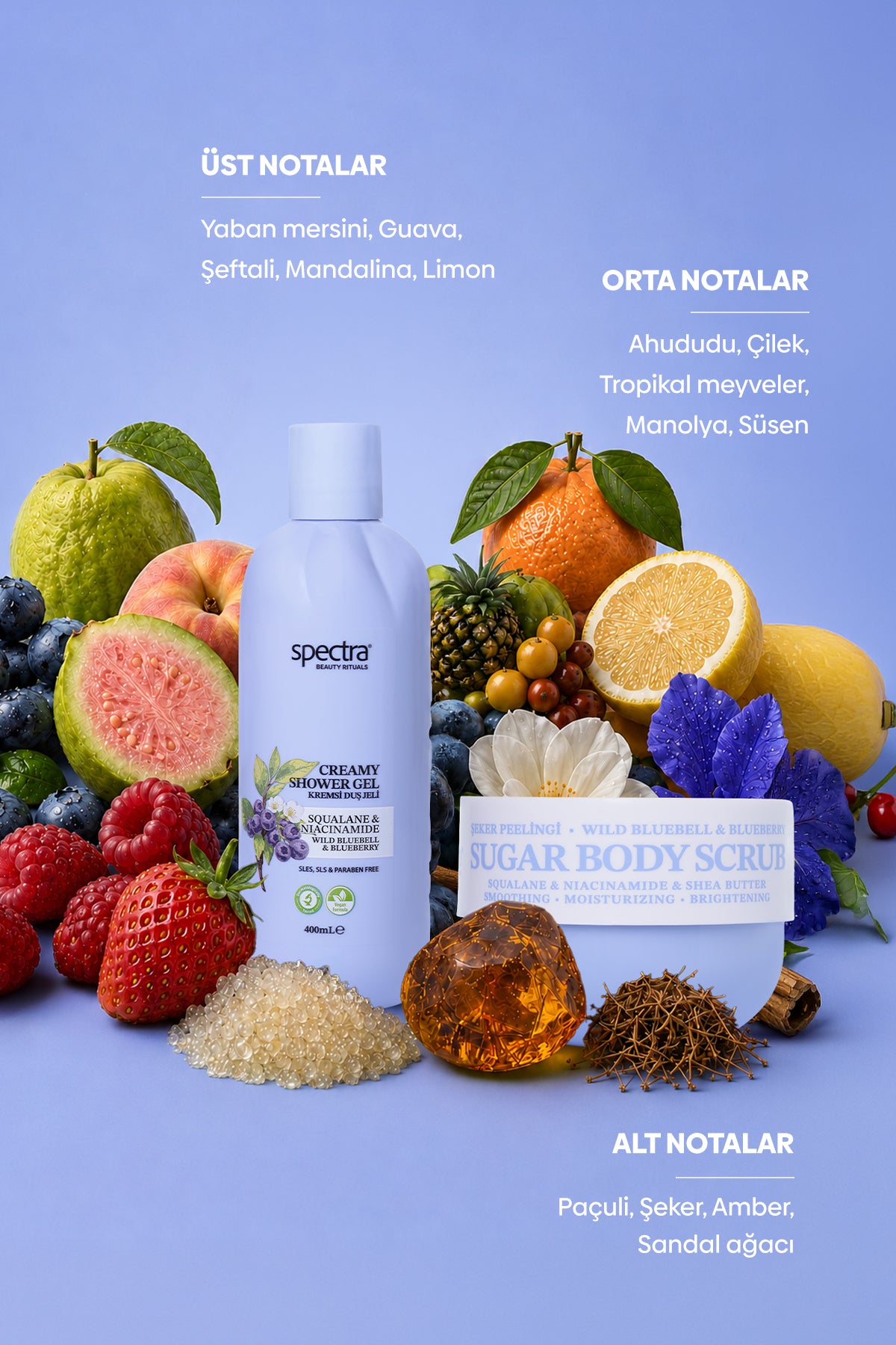 Blueberry&Wild Bluebell 2'li Vegan Bakım Seti - Kremsi Duş Jeli & Şeker Peelingi