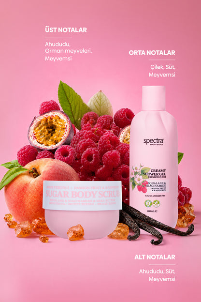 Raspberry&Passion Fruit 2'li Vegan Bakım Seti - Kremsi Duş Jeli & Şeker Peelingi
