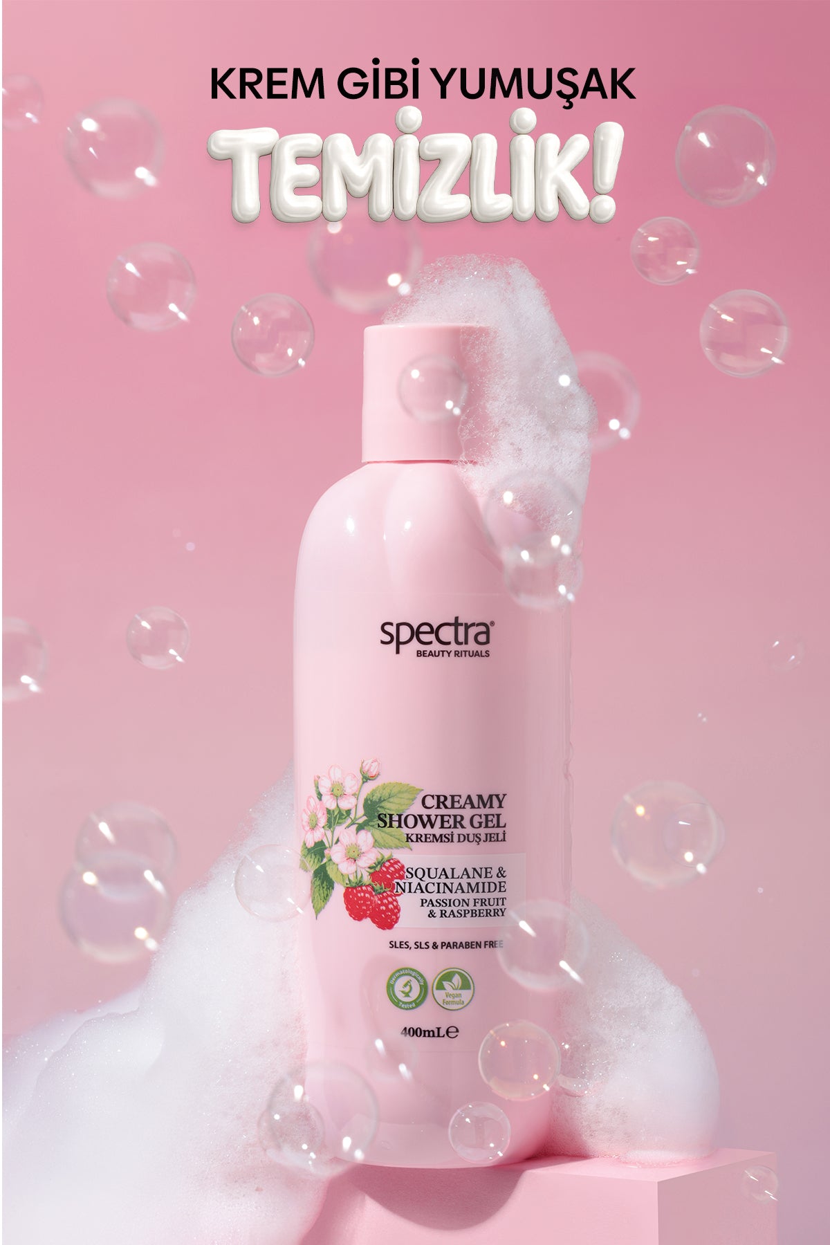 Nemlendirici Kremsi Vegan Duş Jeli -Raspberry&Passion Fruit- SLES&SLS&Paraben içermez- 400 ML