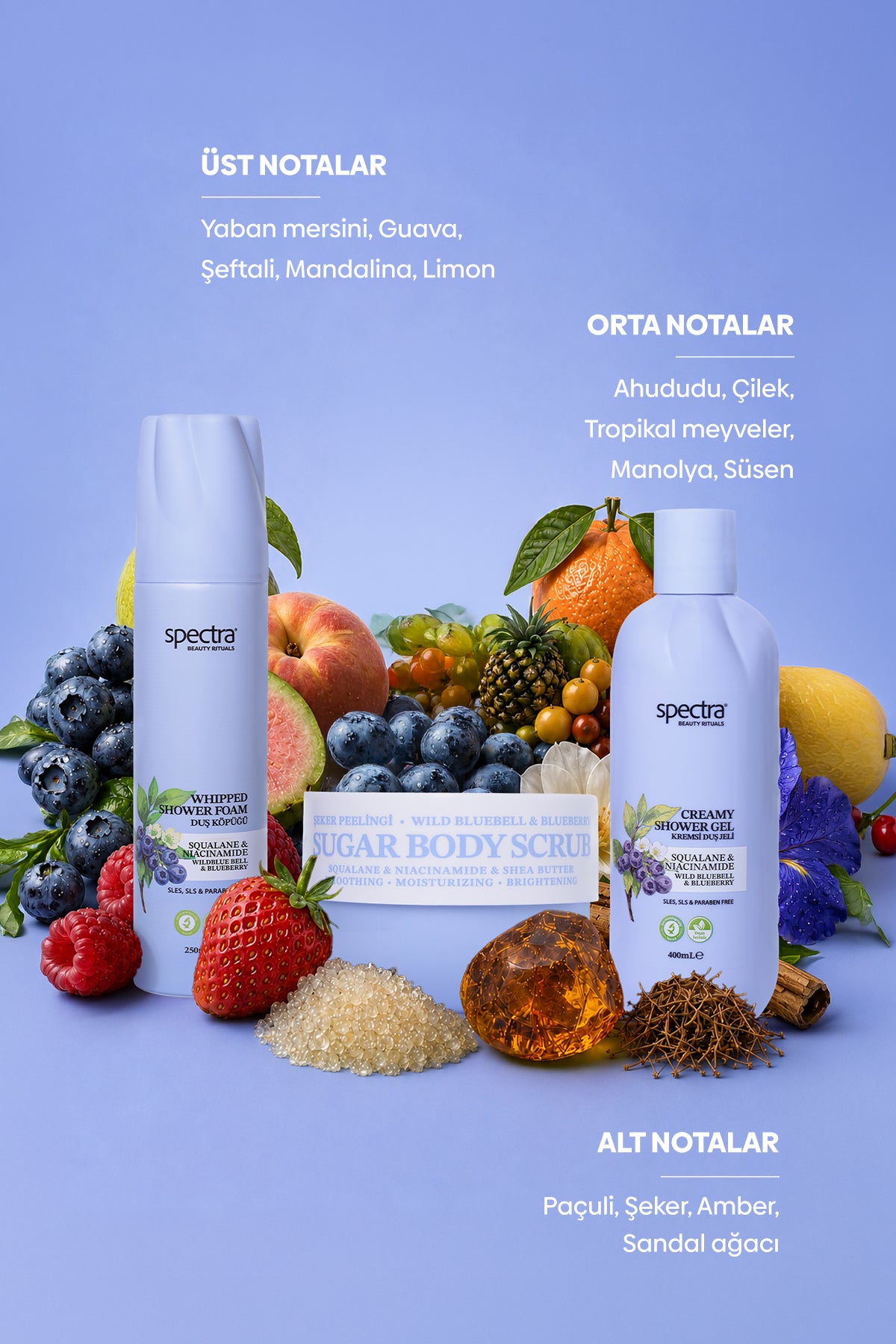 Blueberry&Wild Bluebell 3'lü Bakım Seti - Duş Köpüğü & Duş Jeli & Şeker Peelingi
