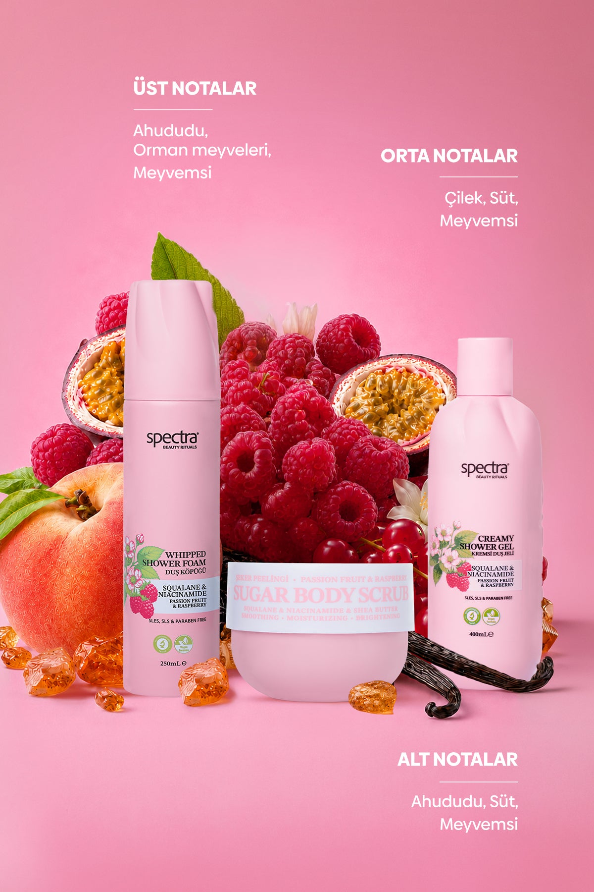 Raspberry&Passion Fruit 3'lü Bakım Seti - Duş Köpüğü & Duş Jeli & Şeker Peelingi
