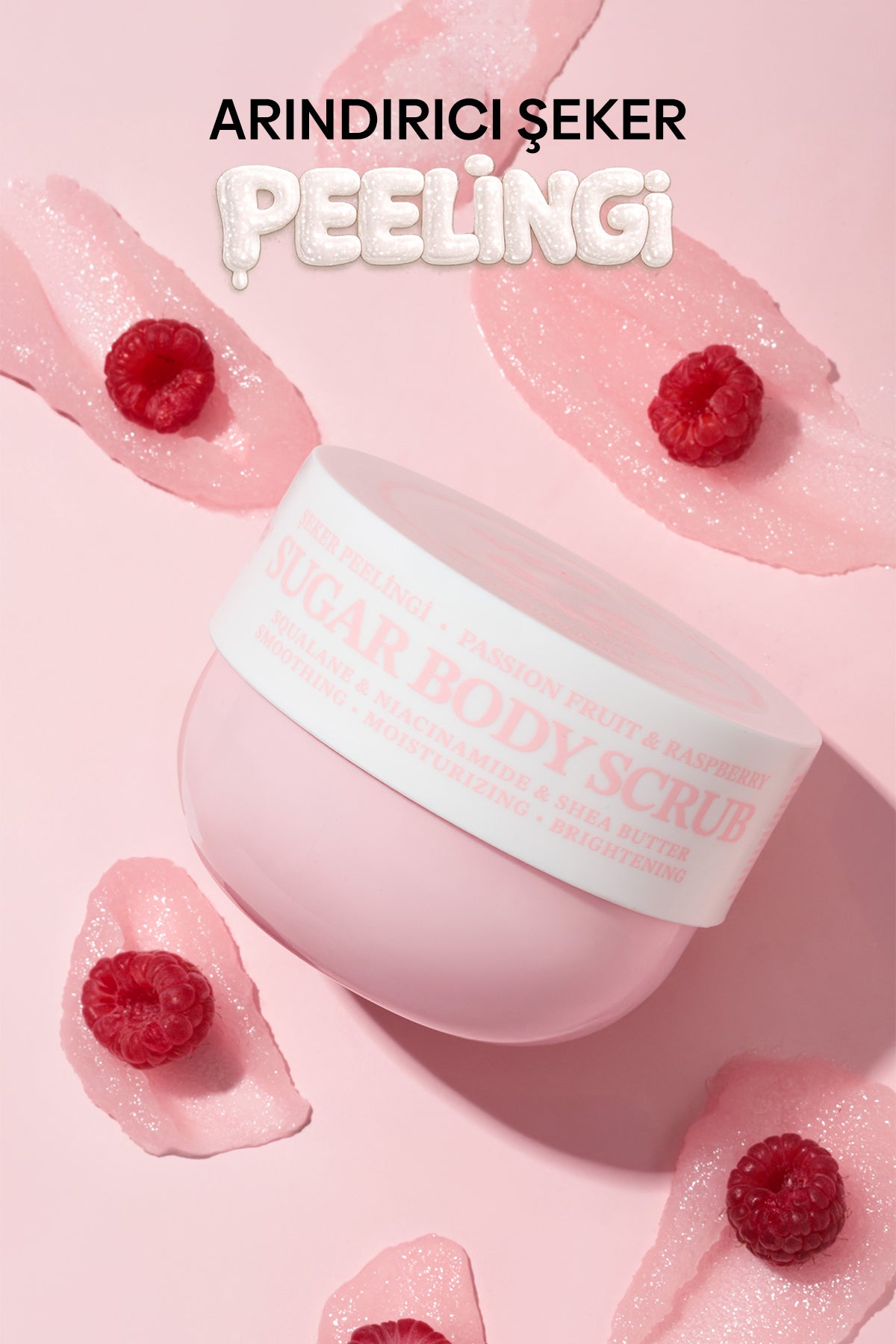 Pürüzsüzleştirici ve Nemlendirici Vegan Şeker Peelingi (Scrub) -Raspberry&Passion Fruit- 330 gr