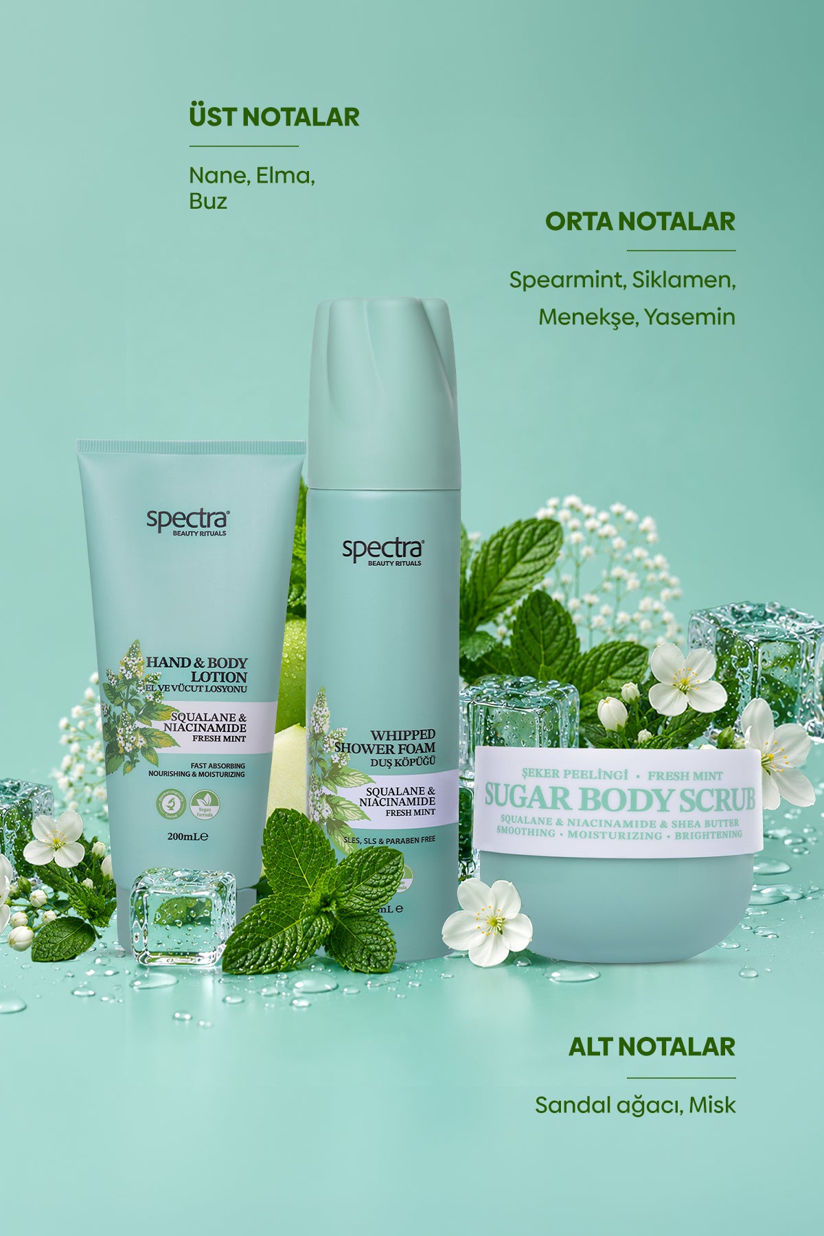 Fresh Mint 3'lü Vegan Bakım Seti - Duş Köpüğü & Vücut Losyonu & Şeker Peelingi