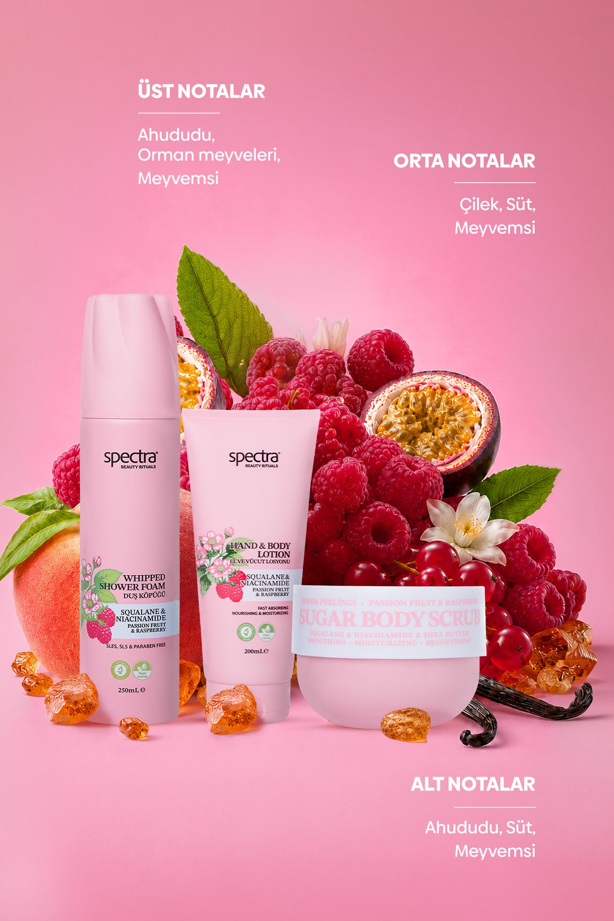 Raspberry&Passion Fruit 3'lü Bakım Seti - Duş Köpüğü & Vücut Losyonu & Şeker Peelingi