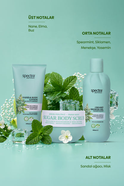 Fresh Mint 3'lü Vegan Bakım Seti - Duş Jeli & Vücut Losyonu & Şeker Peelingi