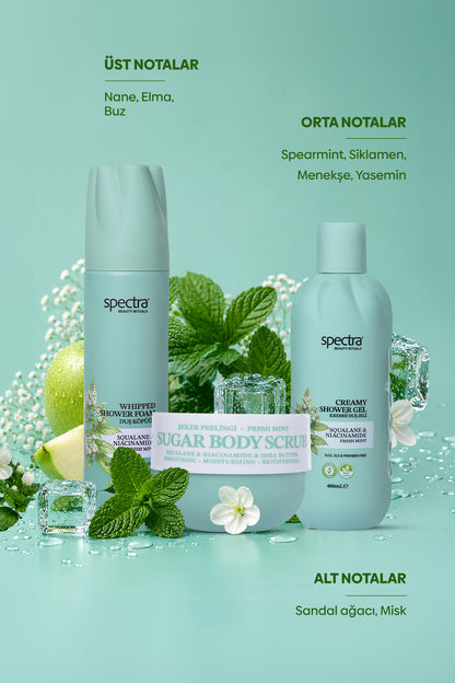 Fresh Mint 3'lü Vegan Bakım Seti - Duş Köpüğü & Duş Jeli & Şeker Peelingi