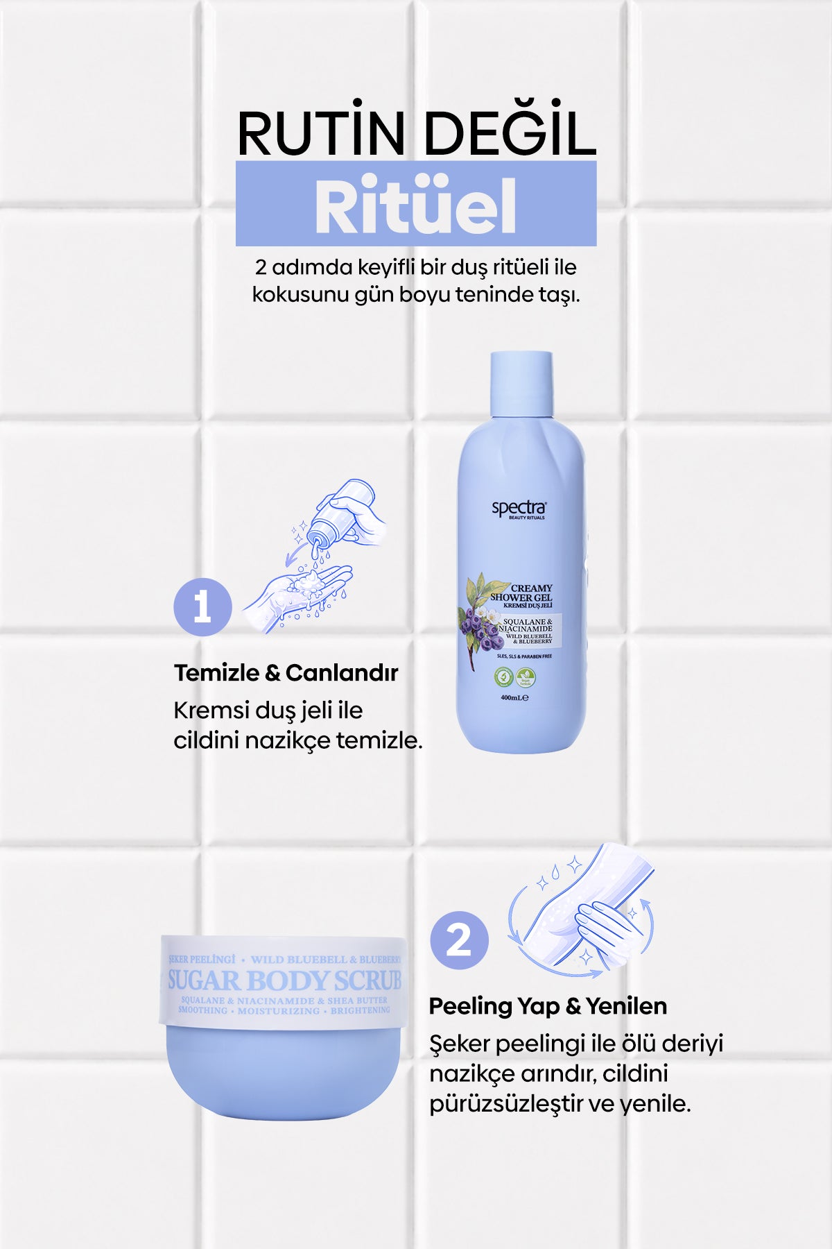 Blueberry&Wild Bluebell 2'li Vegan Bakım Seti - Kremsi Duş Jeli & Şeker Peelingi