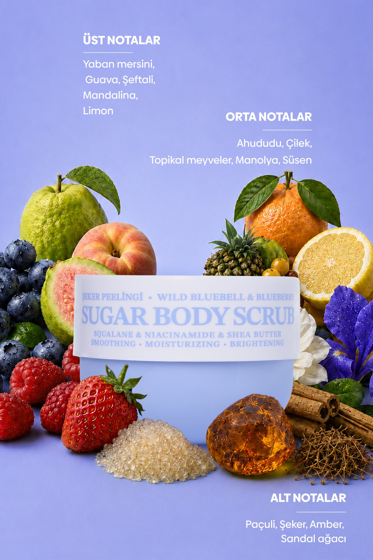 Pürüzsüzleştirici ve Nemlendirici Vegan Şeker Peelingi (Scrub) -Blueberry&Wild Bluebell- 330 gr