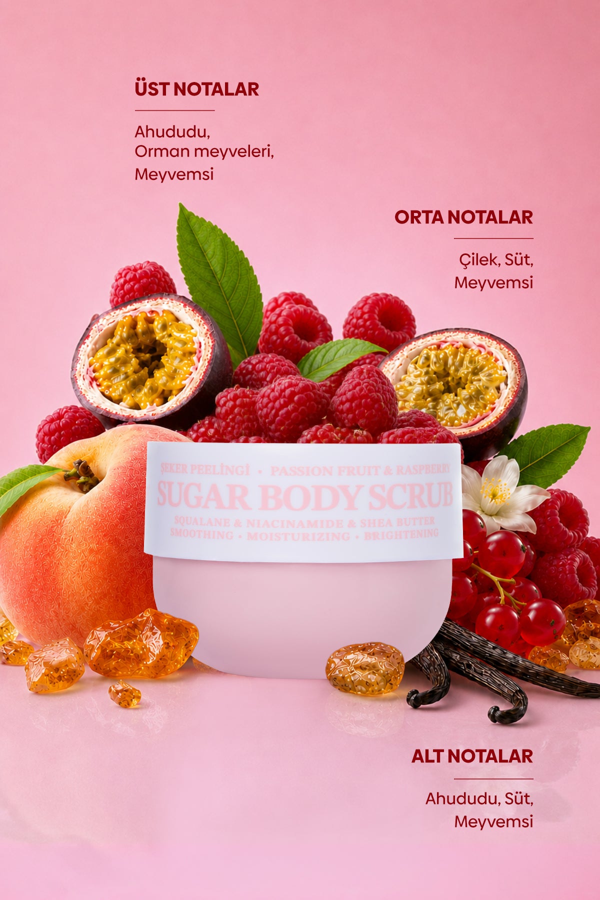 Pürüzsüzleştirici ve Nemlendirici Vegan Şeker Peelingi (Scrub) -Raspberry&Passion Fruit- 330 gr