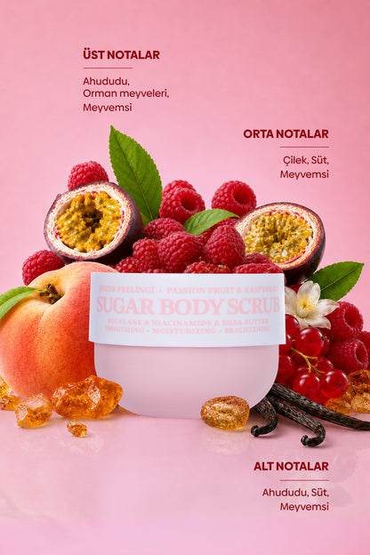 Pürüzsüzleştirici ve Nemlendirici Vegan Şeker Peelingi (Scrub) -Raspberry&Passion Fruit- 330 gr