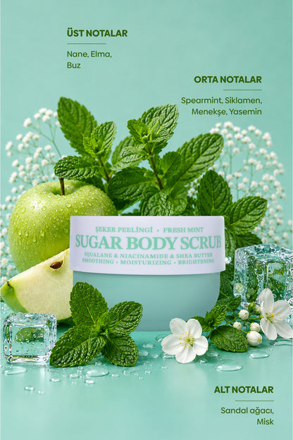Pürüzsüzleştirici ve Nemlendirici Vegan Şeker Peelingi -Fresh Mint- Body Scrub 330 gr