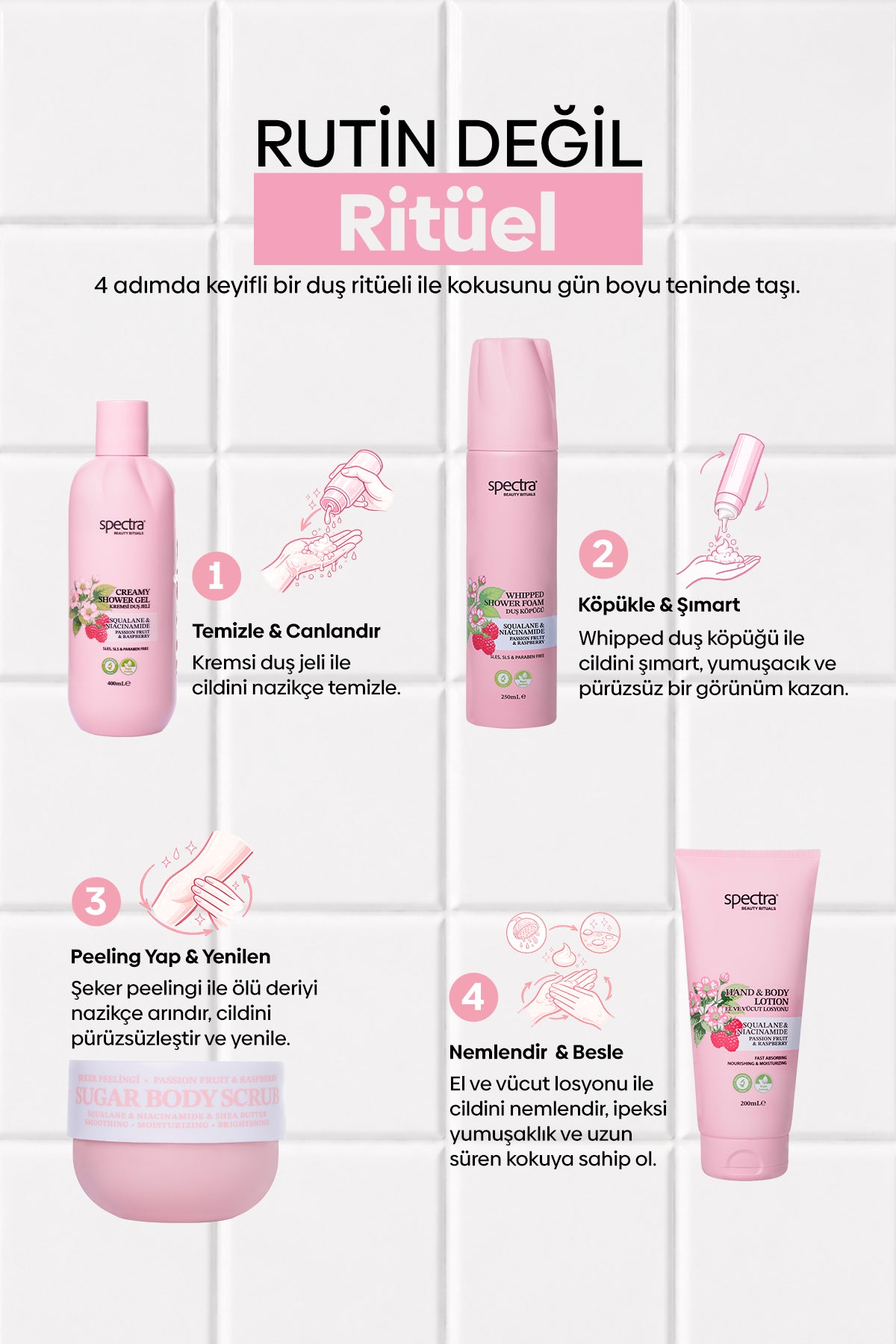 Raspberry&Passion Fruit 4'lü Vegan Bakım Ritüeli Seti  -SLES&SLS&Paraben içermez