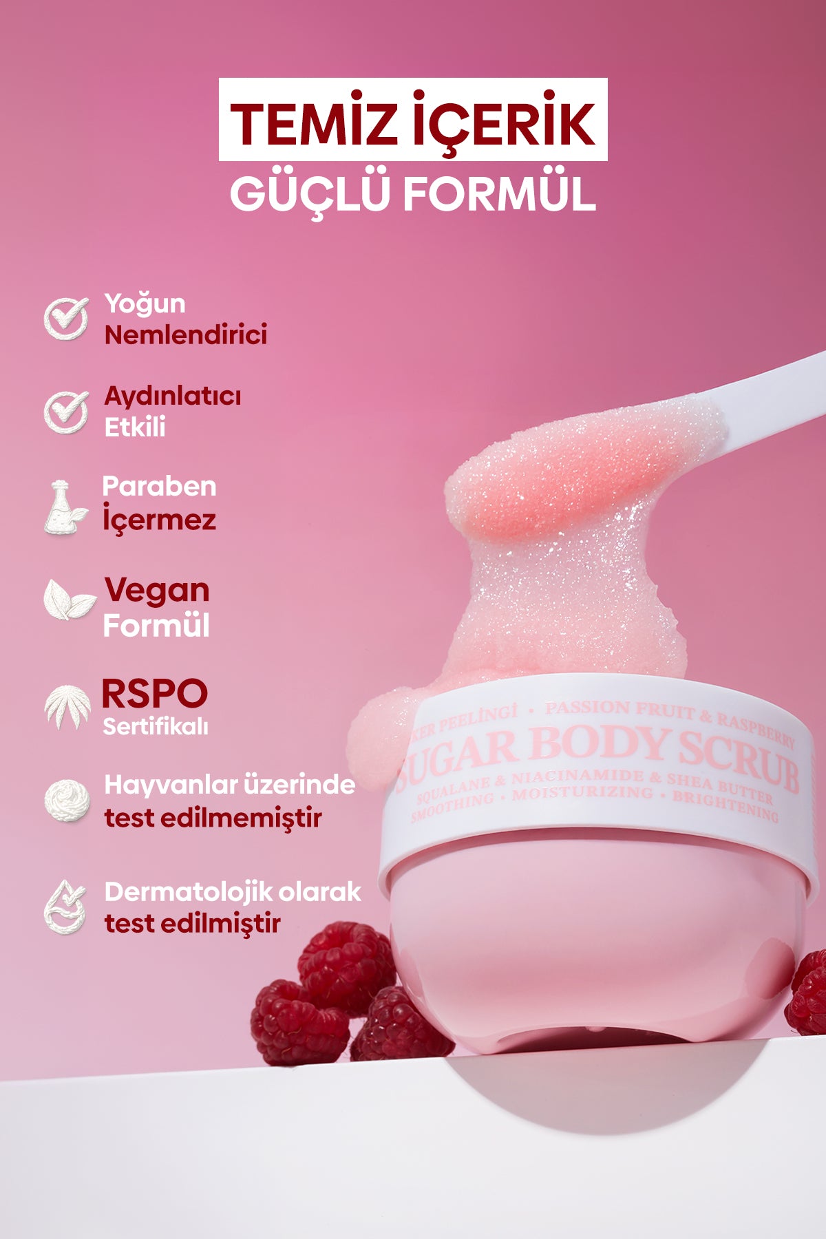 Pürüzsüzleştirici ve Nemlendirici Vegan Şeker Peelingi (Scrub) -Raspberry&Passion Fruit- 330 gr