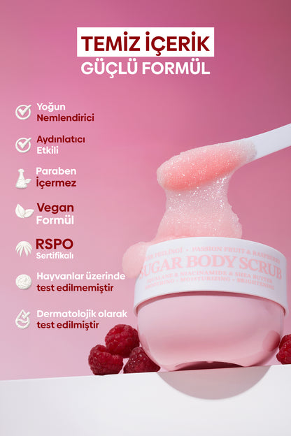 Pürüzsüzleştirici ve Nemlendirici Vegan Şeker Peelingi (Scrub) -Raspberry&Passion Fruit- 330 gr