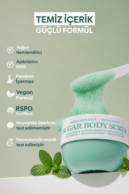 Pürüzsüzleştirici ve Nemlendirici Vegan Şeker Peelingi -Fresh Mint- Body Scrub 330 gr
