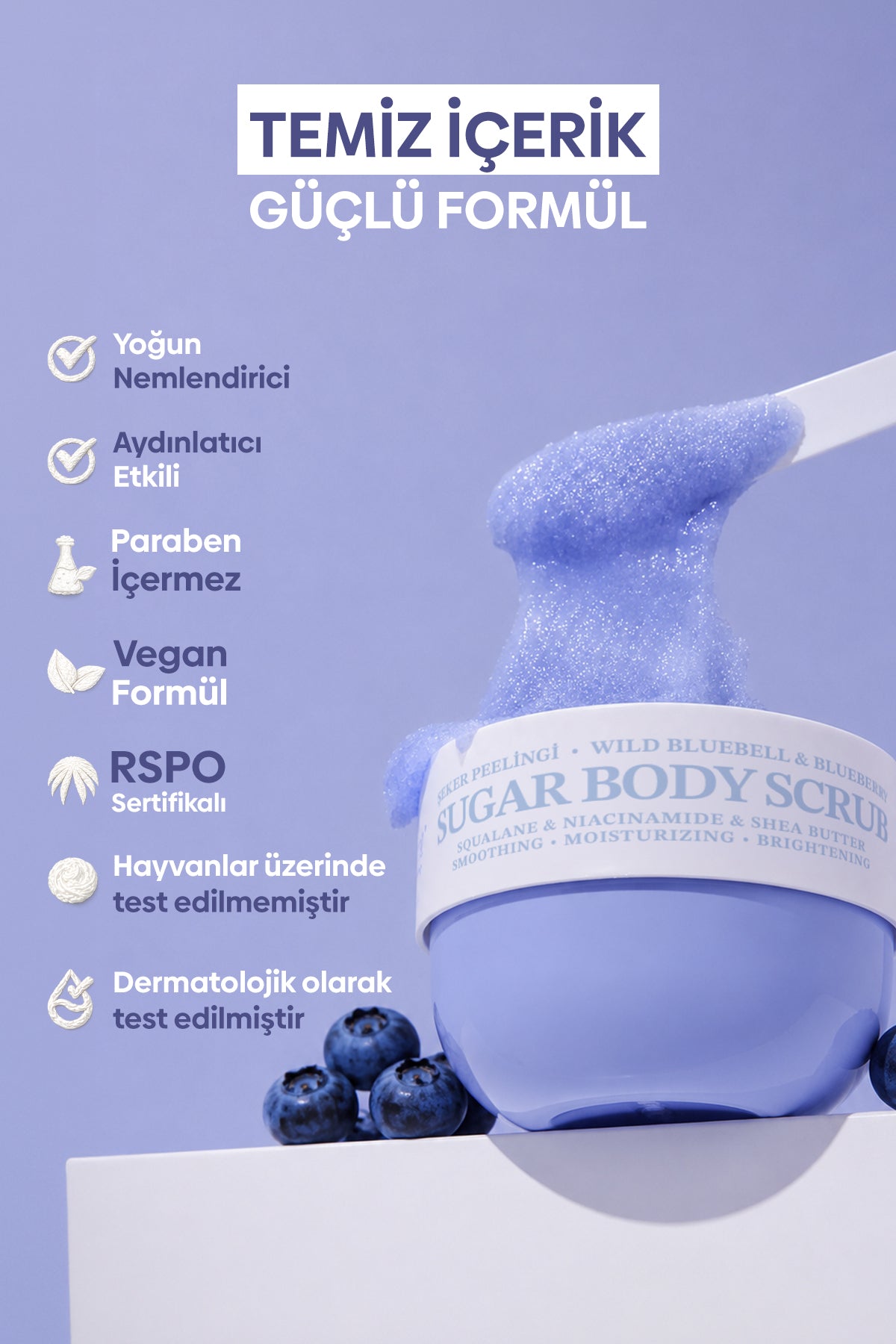 Pürüzsüzleştirici ve Nemlendirici Vegan Şeker Peelingi (Scrub) -Blueberry&Wild Bluebell- 330 gr