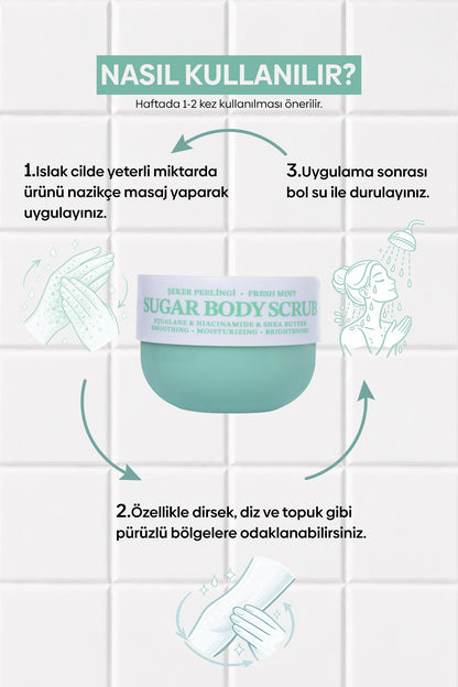 Pürüzsüzleştirici ve Nemlendirici Vegan Şeker Peelingi -Fresh Mint- Body Scrub 330 gr