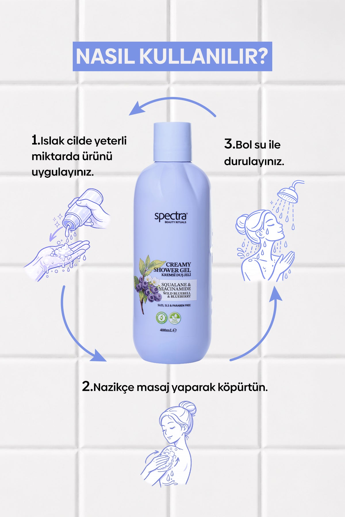 Nemlendirici Kremsi Vegan Duş Jeli -Blueberry&Wild Bluebell- SLES&SLS&Paraben içermez- 400 ML