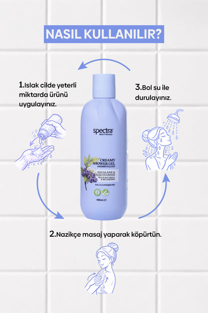 Nemlendirici Kremsi Vegan Duş Jeli -Blueberry&Wild Bluebell- SLES&SLS&Paraben içermez- 400 ML