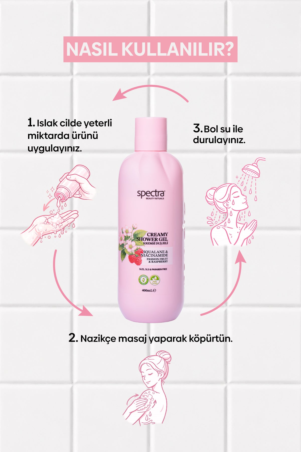Nemlendirici Kremsi Vegan Duş Jeli -Raspberry&Passion Fruit- SLES&SLS&Paraben içermez- 400 ML