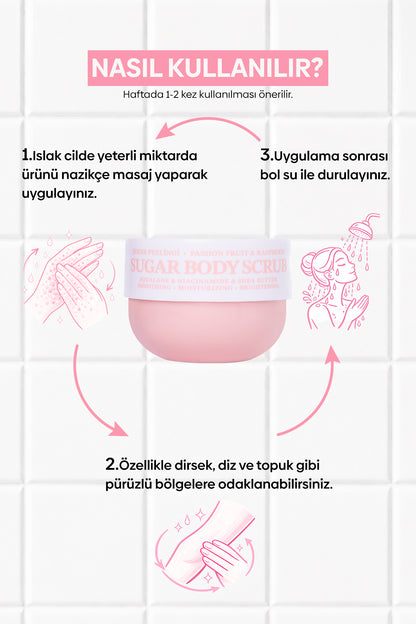 Pürüzsüzleştirici ve Nemlendirici Vegan Şeker Peelingi (Scrub) -Raspberry&Passion Fruit- 330 gr