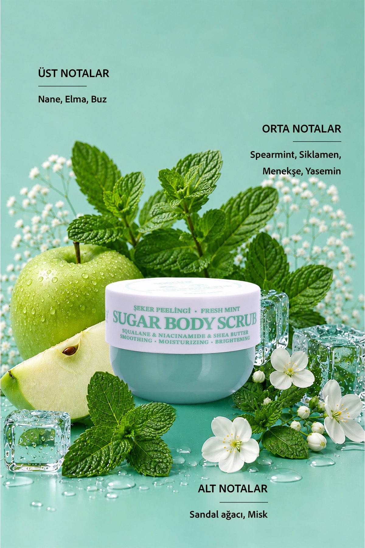 Pürüzsüzleştirici ve Nemlendirici Vegan Şeker Peelingi -Fresh Mint- Body Scrub 330 gr
