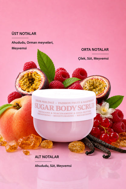 Pürüzsüzleştirici ve Nemlendirici Vegan Şeker Peelingi (Scrub) -Raspberry&Passion Fruit- 330 gr