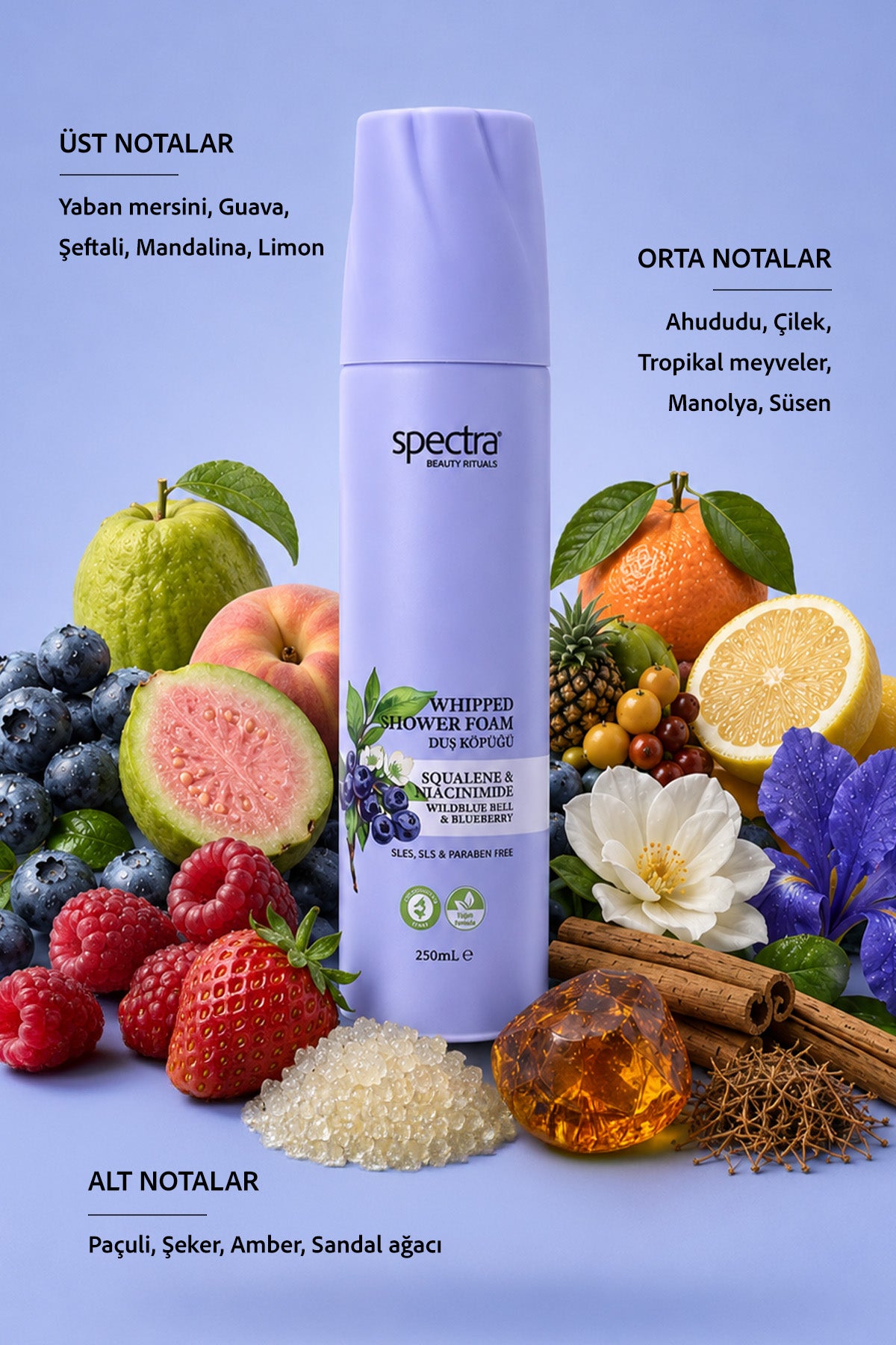 Nemlendirici ve Arındırıcı Vegan Whipped Duş Köpüğü -  Blueberry&Wild Bluebell - 250 ML