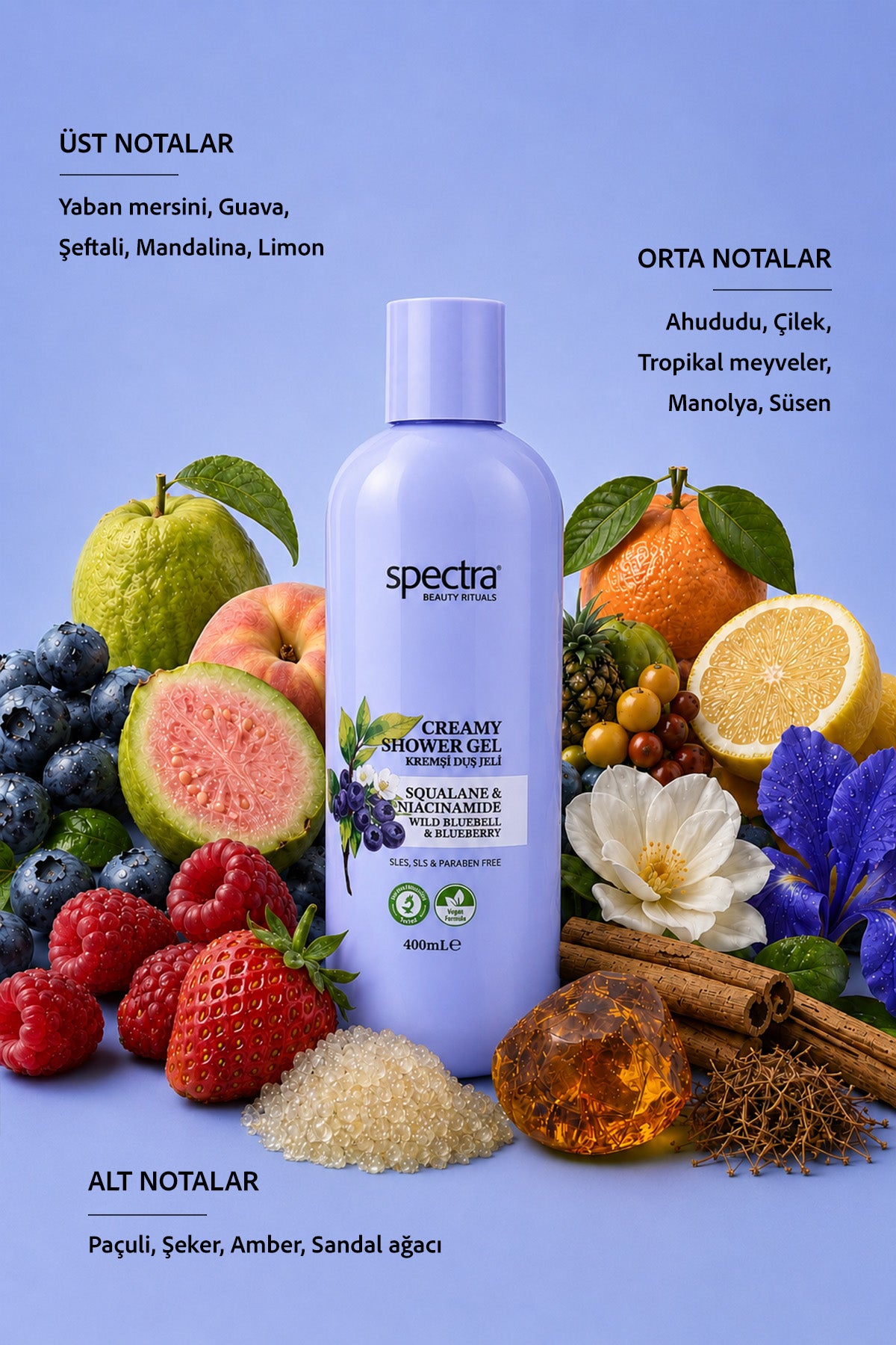 Nemlendirici Kremsi Vegan Duş Jeli -Blueberry&Wild Bluebell- SLES&SLS&Paraben içermez- 400 ML