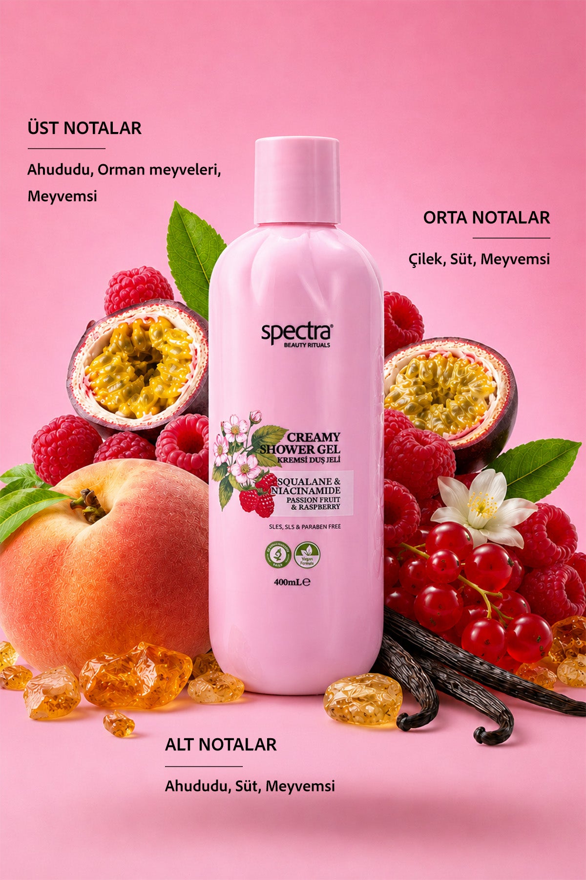 Nemlendirici Kremsi Vegan Duş Jeli -Raspberry&Passion Fruit- SLES&SLS&Paraben içermez- 400 ML