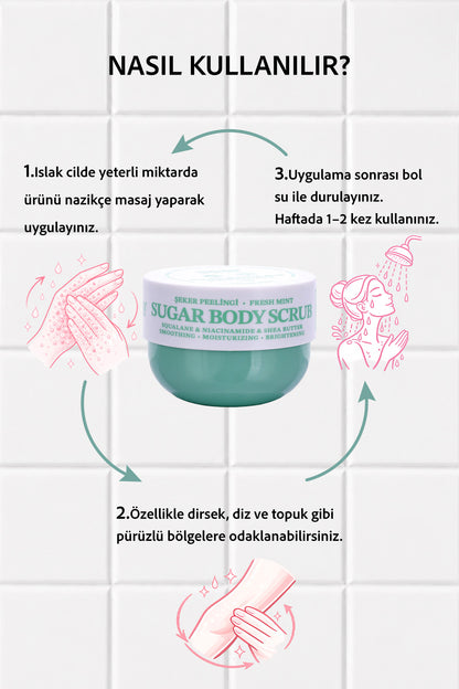 Pürüzsüzleştirici ve Nemlendirici Vegan Şeker Peelingi -Fresh Mint- Body Scrub 330 gr
