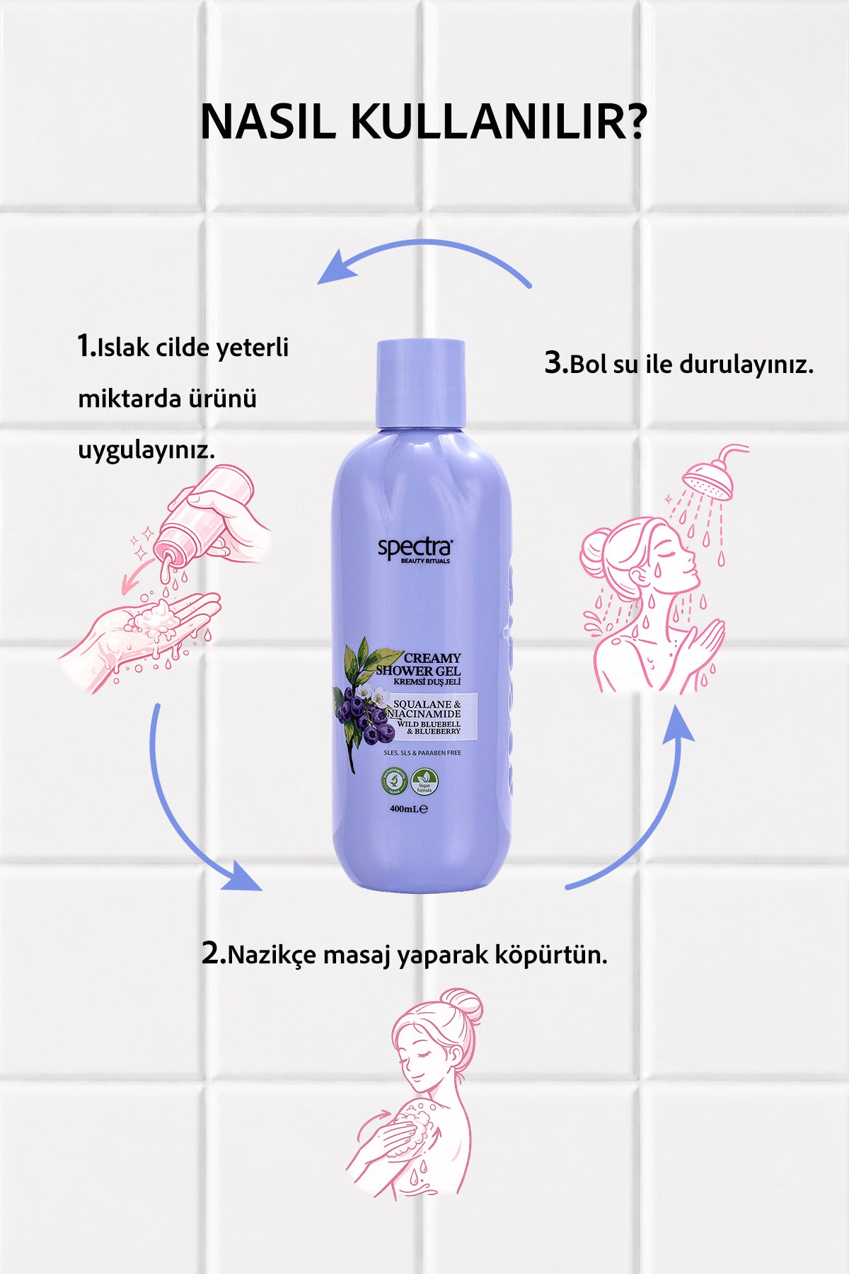 Nemlendirici Kremsi Vegan Duş Jeli -Blueberry&Wild Bluebell- SLES&SLS&Paraben içermez- 400 ML