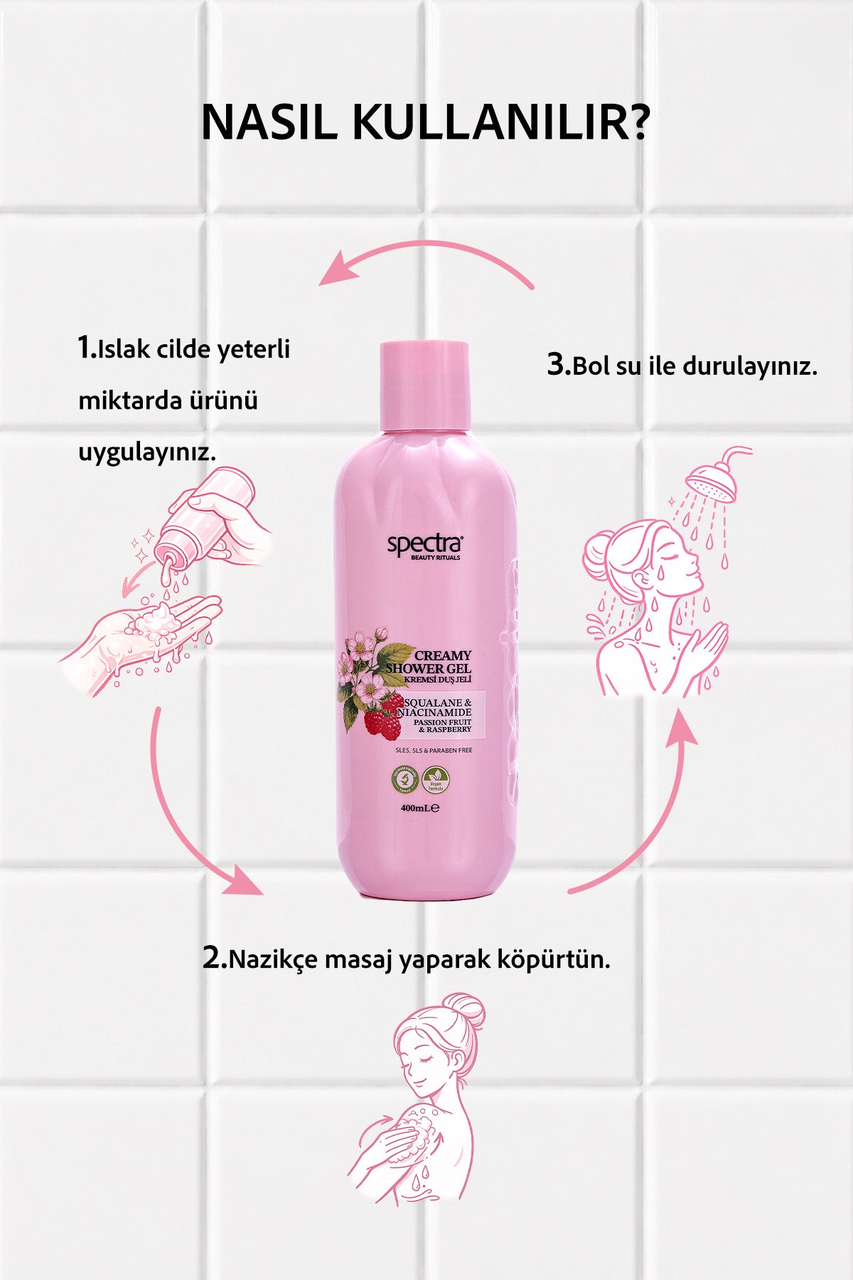 Nemlendirici Kremsi Vegan Duş Jeli -Raspberry&Passion Fruit- SLES&SLS&Paraben içermez- 400 ML
