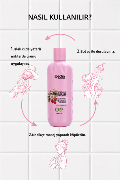 Nemlendirici Kremsi Vegan Duş Jeli -Raspberry&Passion Fruit- SLES&SLS&Paraben içermez- 400 ML