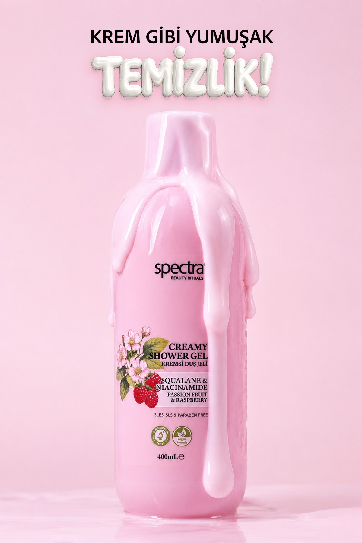 Nemlendirici Kremsi Vegan Duş Jeli -Raspberry&Passion Fruit- SLES&SLS&Paraben içermez- 400 ML
