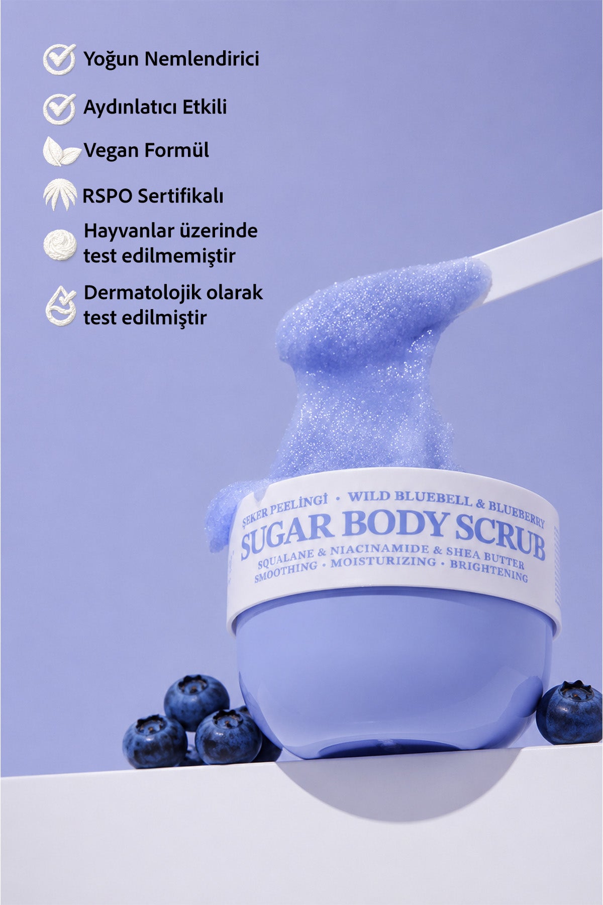 Pürüzsüzleştirici ve Nemlendirici Vegan Şeker Peelingi (Scrub) -Blueberry&Wild Bluebell- 330 gr