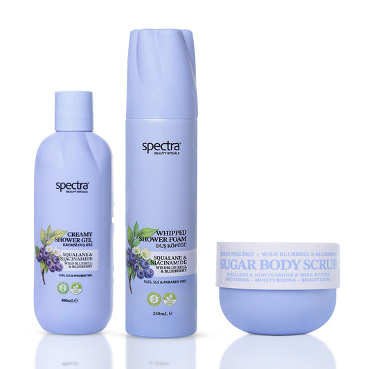 Blueberry & Wild Bluebell 3'lü Vegan Bakım Seti, Duş Köpüğü + Duş Jeli + Şeker Peelingi - 1